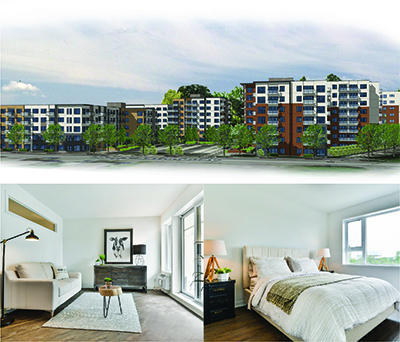 An exterior view of the apartment building in Saint-Jérôme Quebec, an interior view of a furnished living room and a furnished bedroom.